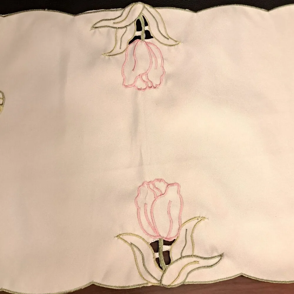 Tulips Floral Embroidery Table Runner White Beautiful 12.5 X 57 Inch